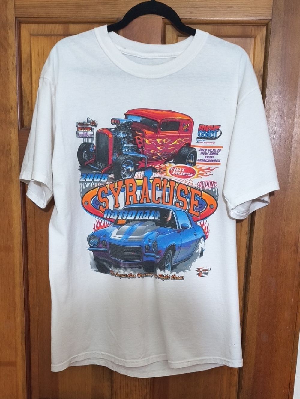 Hanes White Syracuse Nationals Graphic Tee with Blue & Red Cars